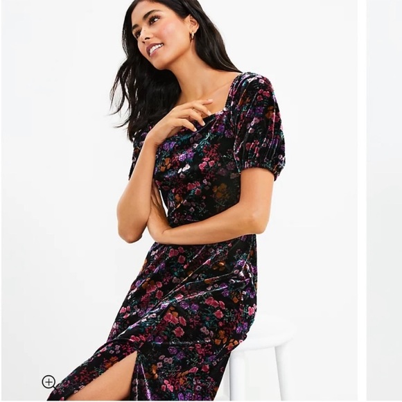 LOFT Floral Velvet Square Neck Midi Dress NWT - Picture 2 of 9